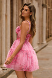 Pink Floral A-Line Spaghetti Straps Corset Short Homecoming Dress