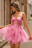 Pink Floral A-Line Spaghetti Straps Corset Short Homecoming Dress