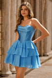 Strapless Yellow Corset A Line Tiered Short Homecoming Dress