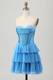 Fuchsia Strapless Corset Tiered A Line Short Homecoming Dress