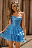 Blue Strapless Corset Tiered A-Line Short Homecoming Dress