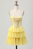 Strapless Yellow Corset A Line Tiered Short Homecoming Dress