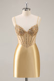 Golden Bodycon Spaghetti Straps Corset Beaded Short Homecoming Dress