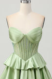 Dark Green Beaded A-line Strapless Corset Homecoming Dress