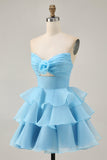Blush A-Line Strapless Tiered Homecoming Dress with 3D Flowers