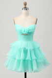 Cute A-line Strapless Cut Out Tiered Green Short Homecoming Dress