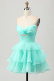 Cute A-line Strapless Cut Out Tiered Green Short Homecoming Dress