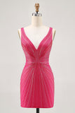 Fuchsia V Neck Bodycon Beaded Homecoming Dress