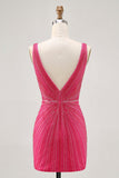 Fuchsia V-Neck Beaded Bodycon Short Homecoming Dress