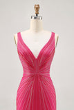 Fuchsia V-Neck Beaded Bodycon Short Homecoming Dress