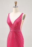 Fuchsia V-Neck Beaded Bodycon Short Homecoming Dress