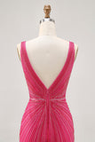 Fuchsia V-Neck Beaded Bodycon Short Homecoming Dress