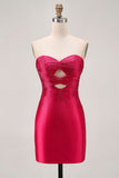 Strapless Cut Out Fuchsia Beaded Tight Homecoming Dress