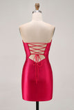 Strapless Cut Out Fuchsia Beaded Tight Homecoming Dress