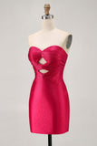 Strapless Cut Out Fuchsia Beaded Tight Homecoming Dress