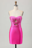 Strapless Cut Out Fuchsia Beaded Tight Homecoming Dress