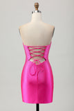 Strapless Cut Out Fuchsia Beaded Tight Homecoming Dress