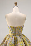 Purple Strapless Brocade A-Line Corset Mini Homecoming Dress with Bubble-Hem