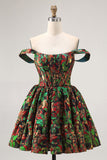 Off The Shoulder Dark Green Brocade Floral A Line Printed Homecoming Dress