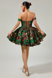 Dark Green Brocade Floral A Line Off The Shoulder Printed Cocktail Dress