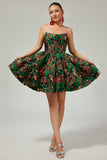 Dark Green Brocade Floral A Line Off The Shoulder Printed Cocktail Dress