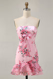 White Blue Flower Bodycon Strapless Printed Short Homecoming Dress