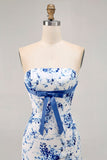 White Blue Flower Bodycon Strapless Printed Short Homecoming Dress