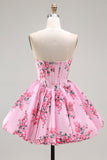 Strapless White Blue Flower A-Line Printed Homecoming Dress with Beading