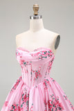 Strapless White Blue Flower A-Line Printed Homecoming Dress with Beading