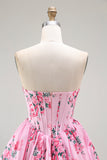 Pink Flower A-Line Strapless Printed Homecoming Dress with Beading