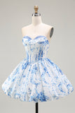 Strapless White Blue Flower A-Line Printed Homecoming Dress with Beading