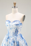 Strapless White Blue Flower A-Line Printed Homecoming Dress with Beading
