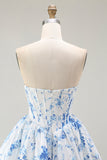 Strapless White Blue Flower A-Line Printed Homecoming Dress with Beading