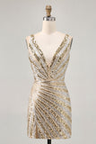 Sparkly Golden Bodycon Sequins V-Neck Homecoming Dress