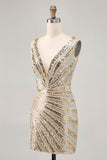 Sparkly Golden Bodycon Sequins V-Neck Homecoming Dress
