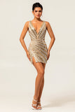 Sparkly Golden Bodycon Sequins V-Neck Homecoming Dress