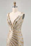 Sparkly Golden Bodycon Sequins V-Neck Homecoming Dress