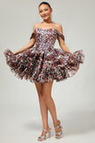 Khaki Leopard Off the Shoulder Corset A Line Mini Homecoming Dress