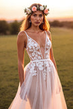 White Tulle Deep V Neck Sweep Train Boho Wedding Dress with Appliques