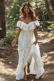 White Off the Shoulder Ruffle Chiffon A Line Wedding Dress