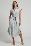 Light Blue Striped A Line Long Work Dress with Pocket