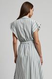 Light Blue Striped A Line Long Work Dress with Pocket