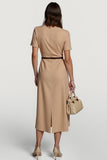Camel Satin Bodycon Long Work Dress with Sleeves