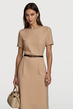 Camel Satin Bodycon Long Work Dress with Sleeves