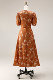 Orange Floral Printed A Line Midi Wedding Guest Dress with Sleeves