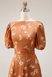 Orange Floral Printed A Line Midi Wedding Guest Dress with Sleeves