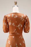 Orange Floral Printed A Line Midi Wedding Guest Dress with Sleeves