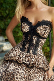Khaki Leopard Printed Ruffled Short Homecoming Dress with Lace