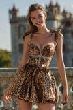 Sparkly Khaki Leopard Printed Short Homecoming Dress