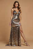 Golden Leopard Cheetah Print Sheath Long Holiday Party Dress With Slit
